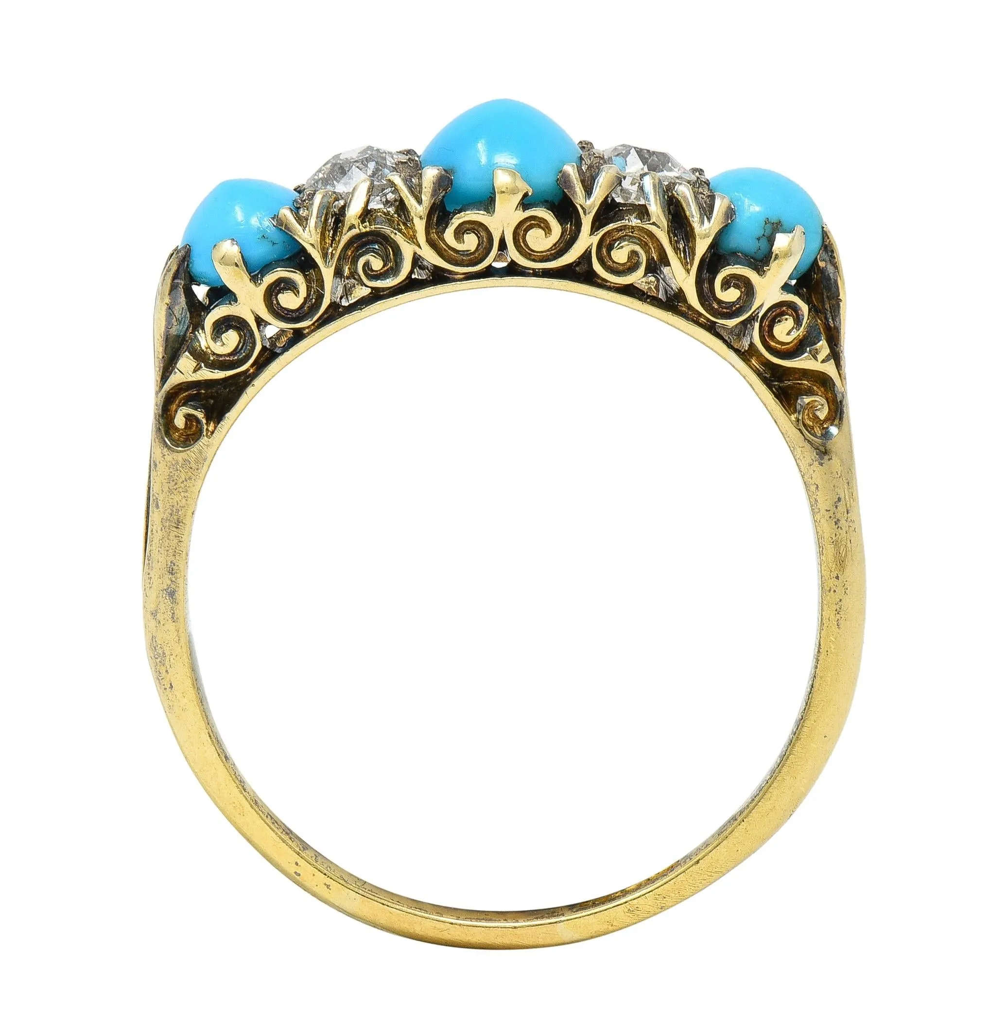 Victorian Turquoise Old Mine Cut Diamond 18 Karat Yellow Gold Scrolling Antique Five Stone Band Ring