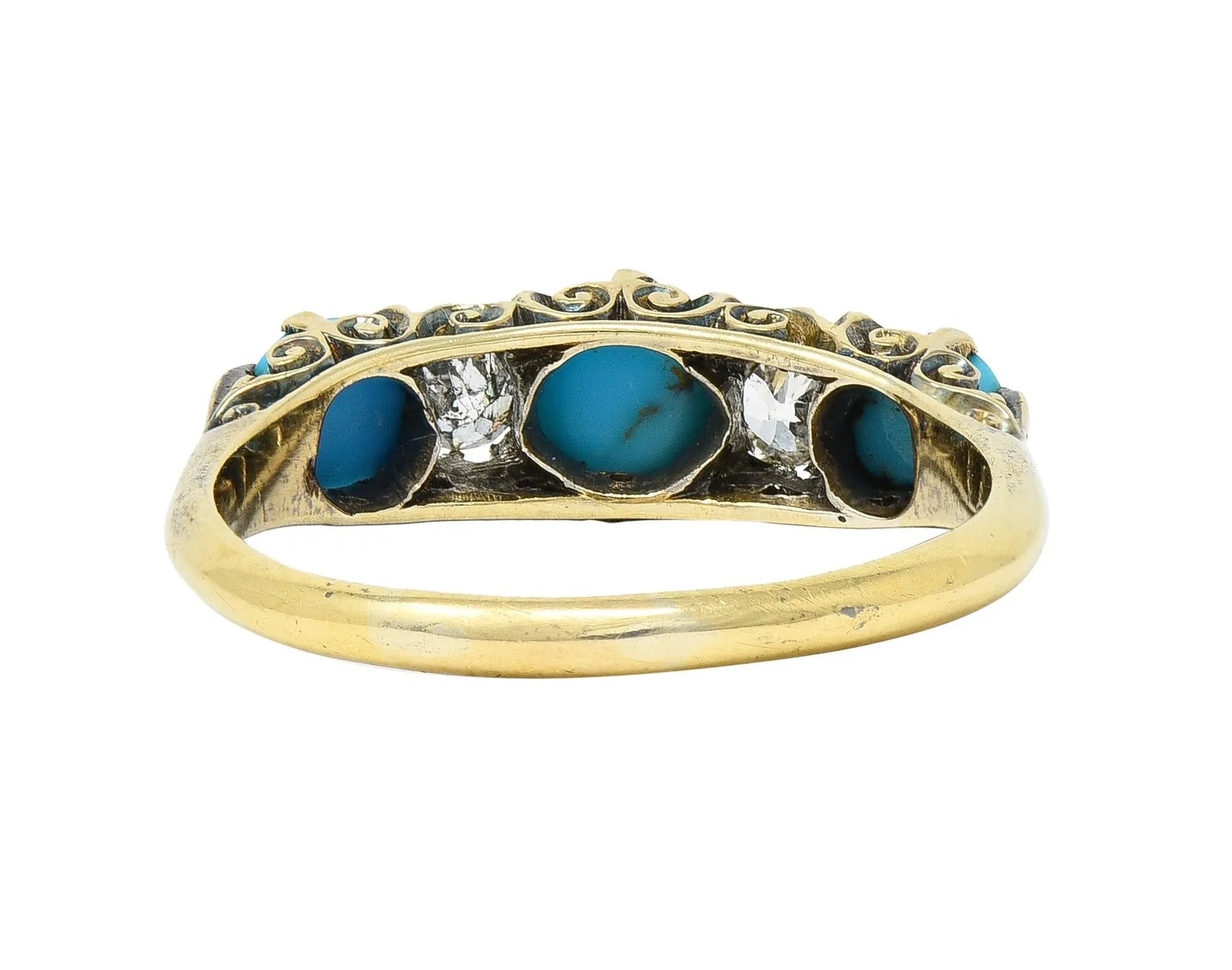 Victorian Turquoise Old Mine Cut Diamond 18 Karat Yellow Gold Scrolling Antique Five Stone Band Ring