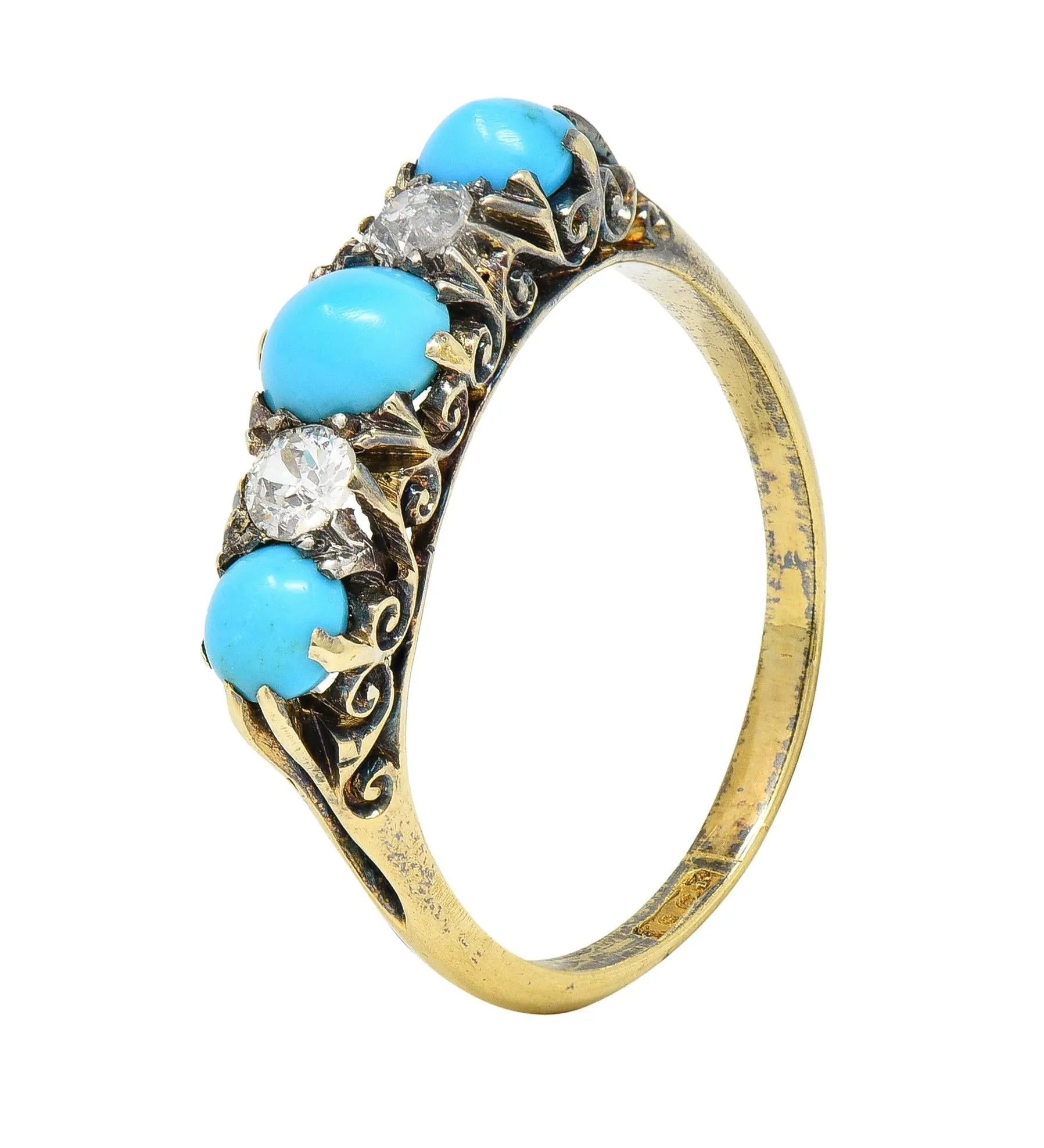 Victorian Turquoise Old Mine Cut Diamond 18 Karat Yellow Gold Scrolling Antique Five Stone Band Ring