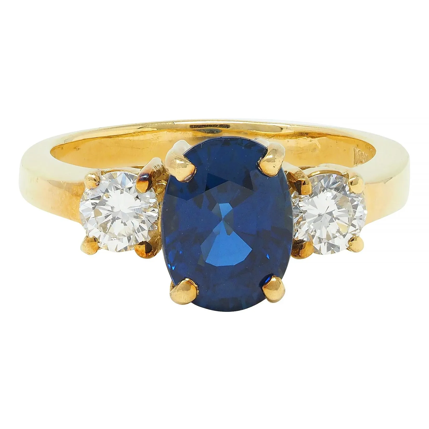 Vintage 2.32 CTW Sapphire Diamond 18 Karat Yellow Gold Three Stone Ring GIA