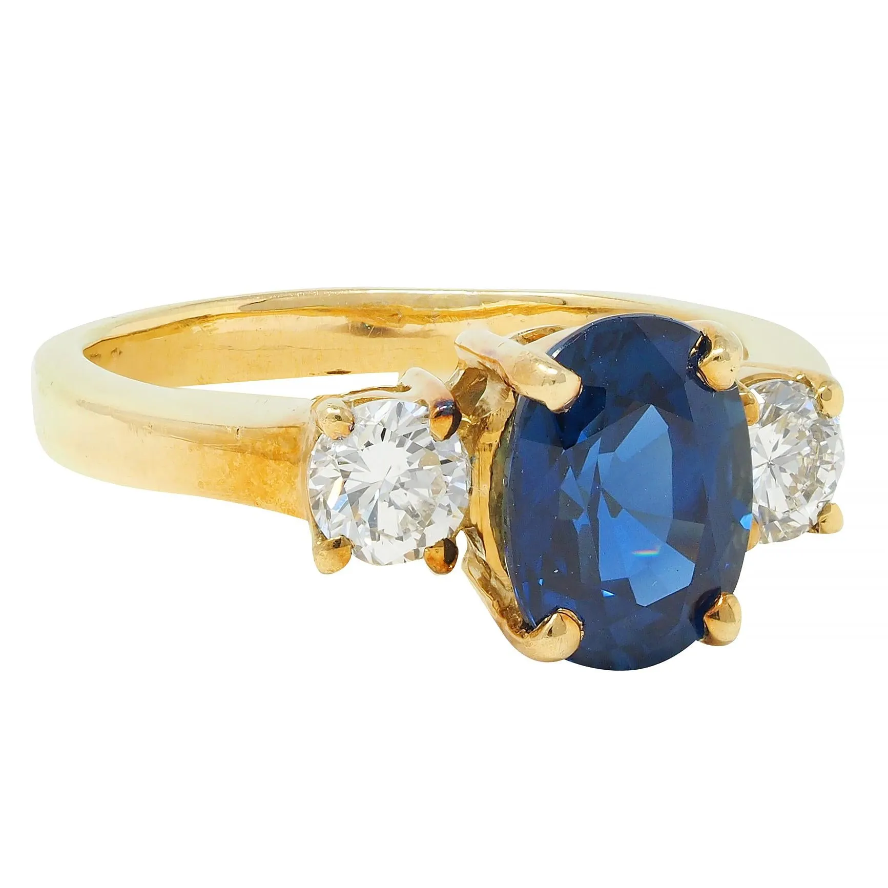 Vintage 2.32 CTW Sapphire Diamond 18 Karat Yellow Gold Three Stone Ring GIA