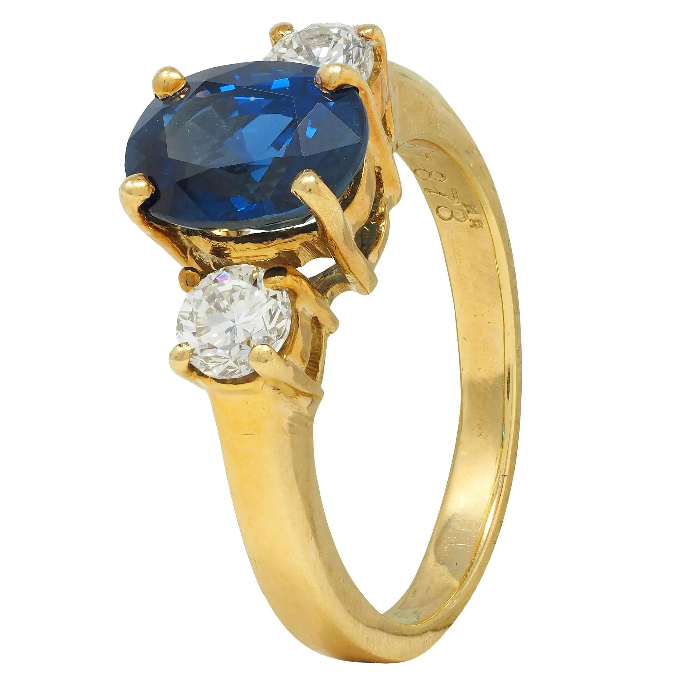 Vintage 2.32 CTW Sapphire Diamond 18 Karat Yellow Gold Three Stone Ring GIA