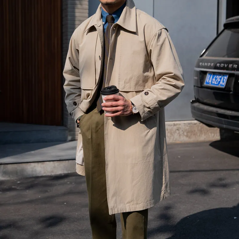 Vintage Cotton Long Trench Coat Lapel Men's Coat