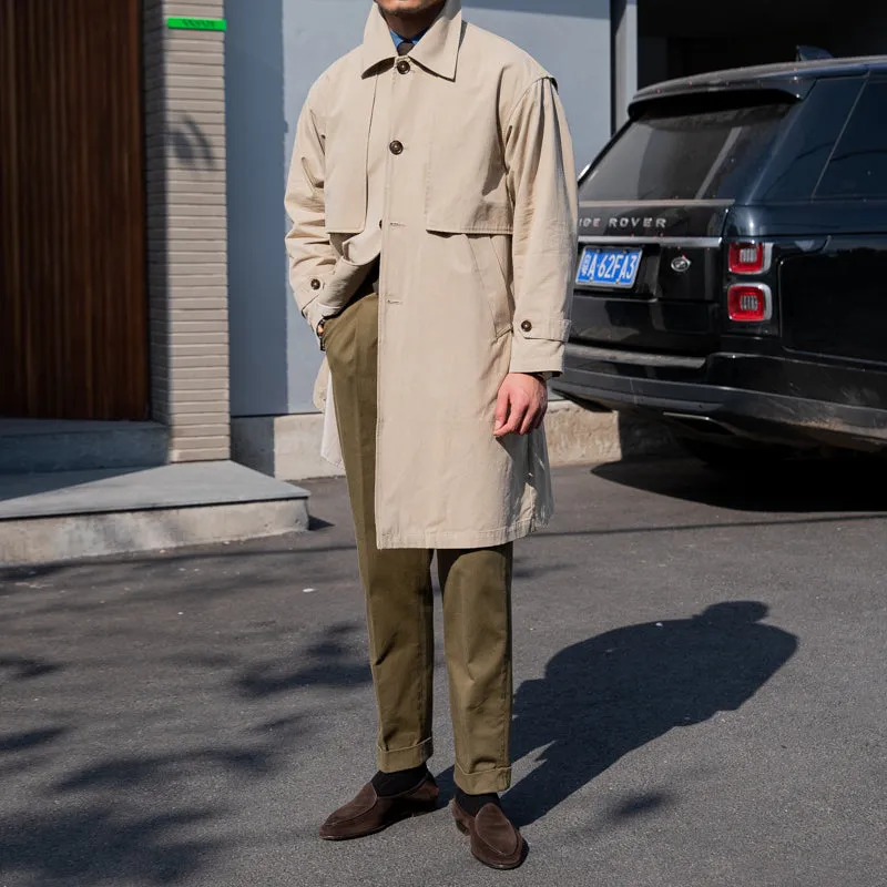 Vintage Cotton Long Trench Coat Lapel Men's Coat