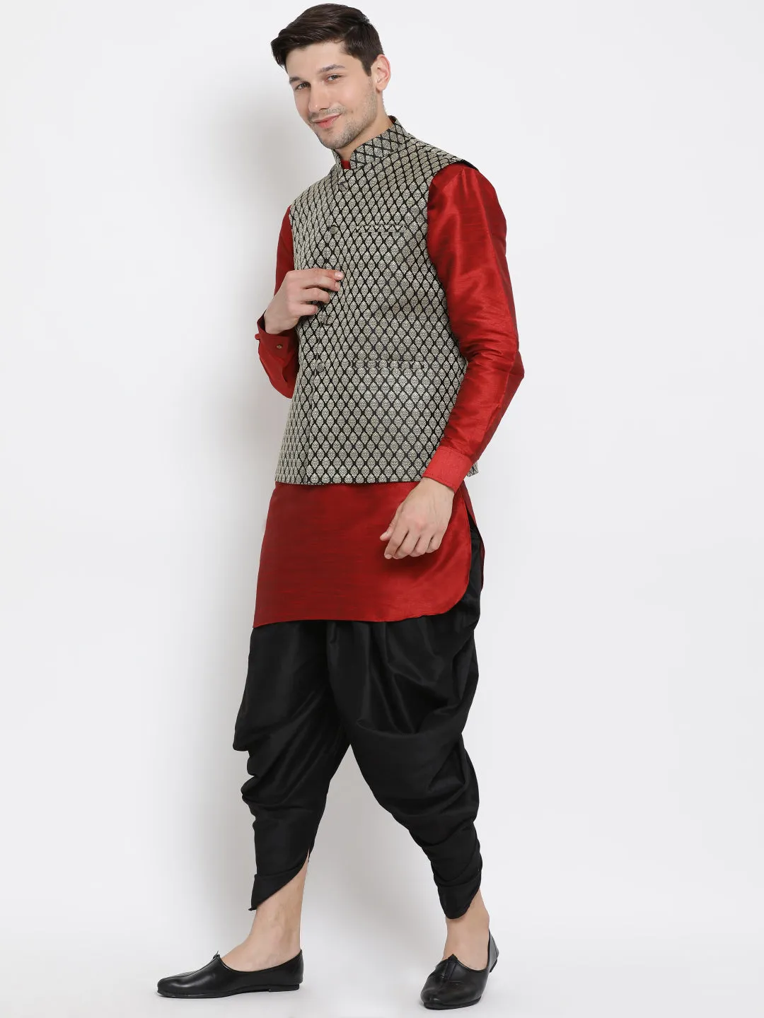 VM By VASTRAMAY Men's Black Silk Blend Jacket With Curved Kurta Dhoti Set