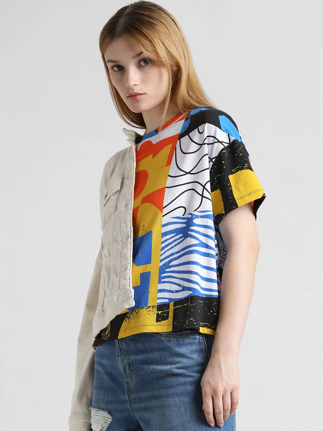 White Abstract Print Boxy T-shirt