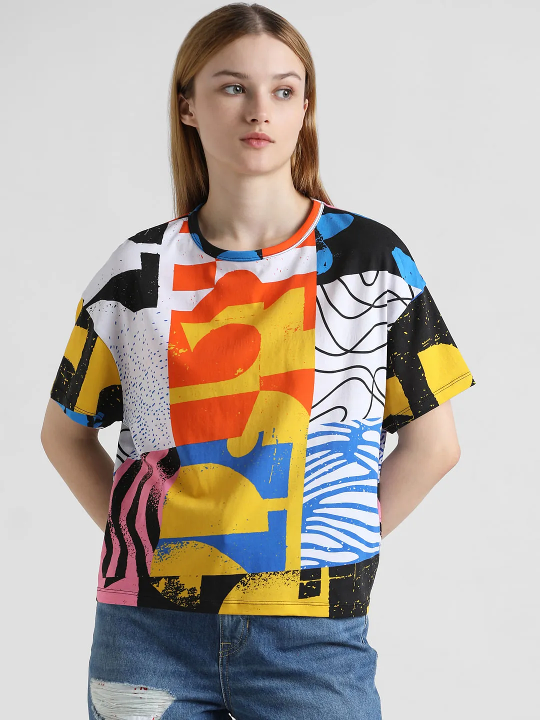 White Abstract Print Boxy T-shirt