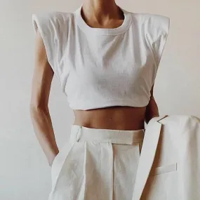 White Cotton Shoulder Pads Crop Tee