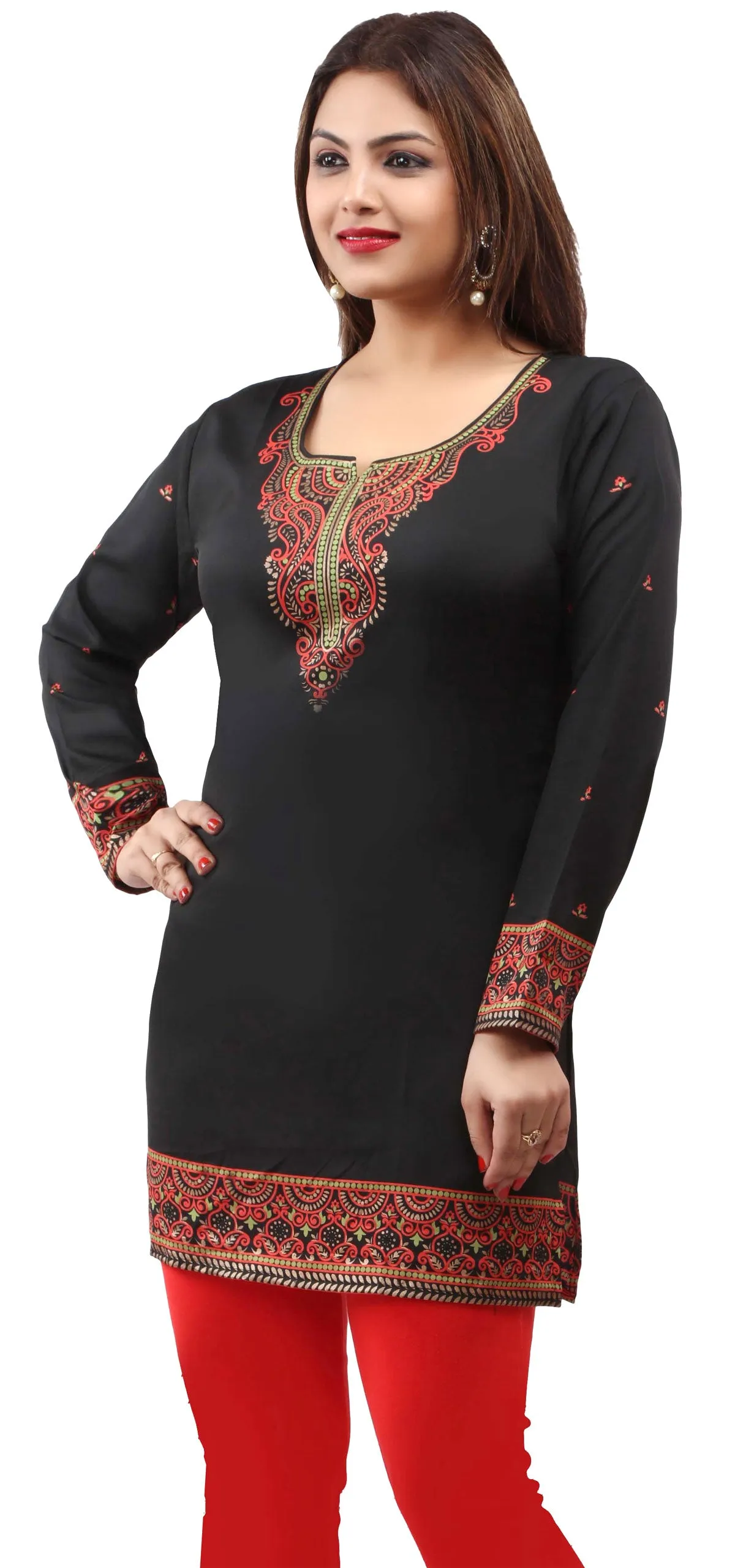 Women's Indian Tunics Kurti Top Blouse India Apparel (Black)