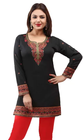 Women's Indian Tunics Kurti Top Blouse India Apparel (Black)