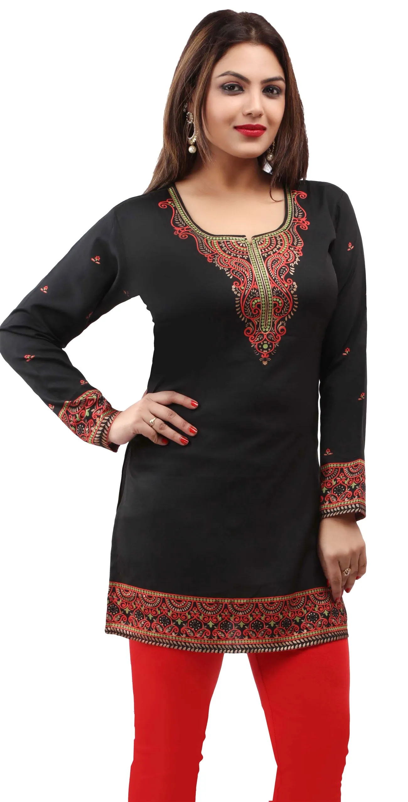 Women's Indian Tunics Kurti Top Blouse India Apparel (Black)