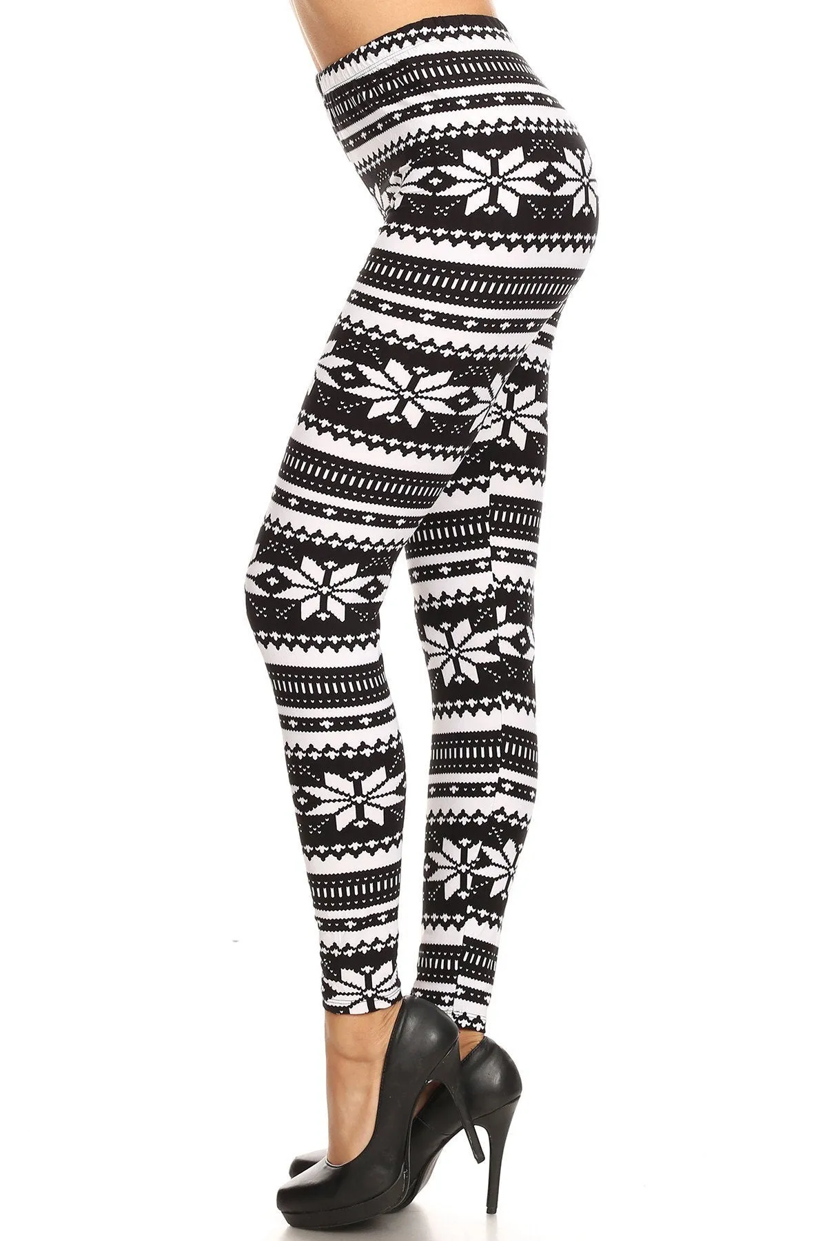 Women's Plus B&W Big Petal Fair Isle Pattern Printed Leggings