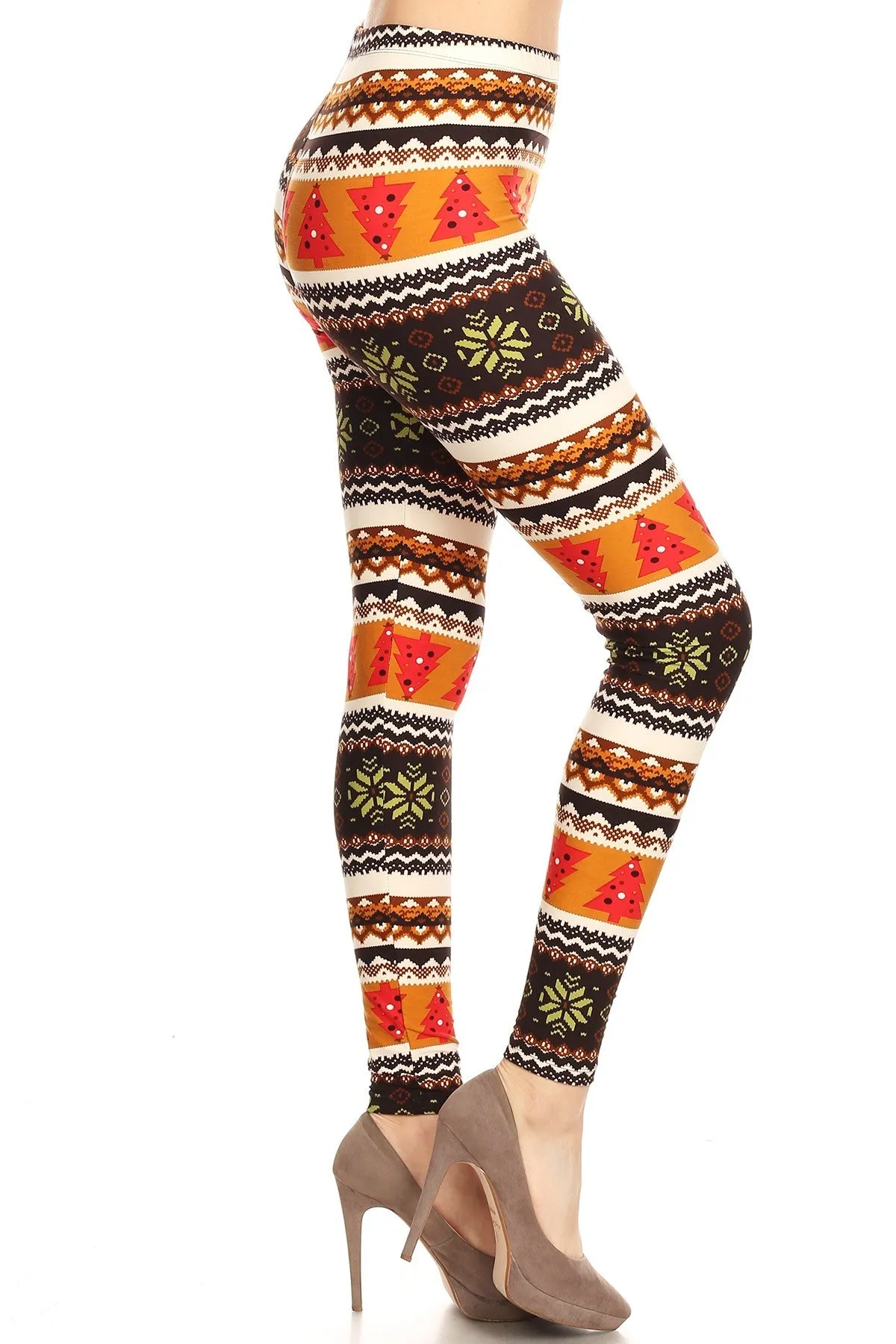 Women's Plus Colorful Fair Isle Snowflake Tree Pattern Printed Leggings