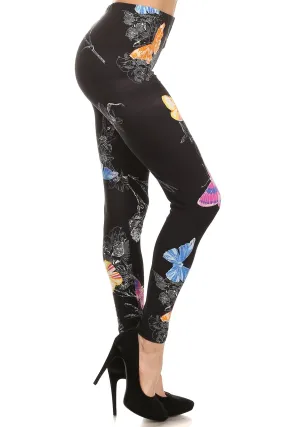 Women's Plus Flower Pattern Series Print Leggings - Butterfly Floral