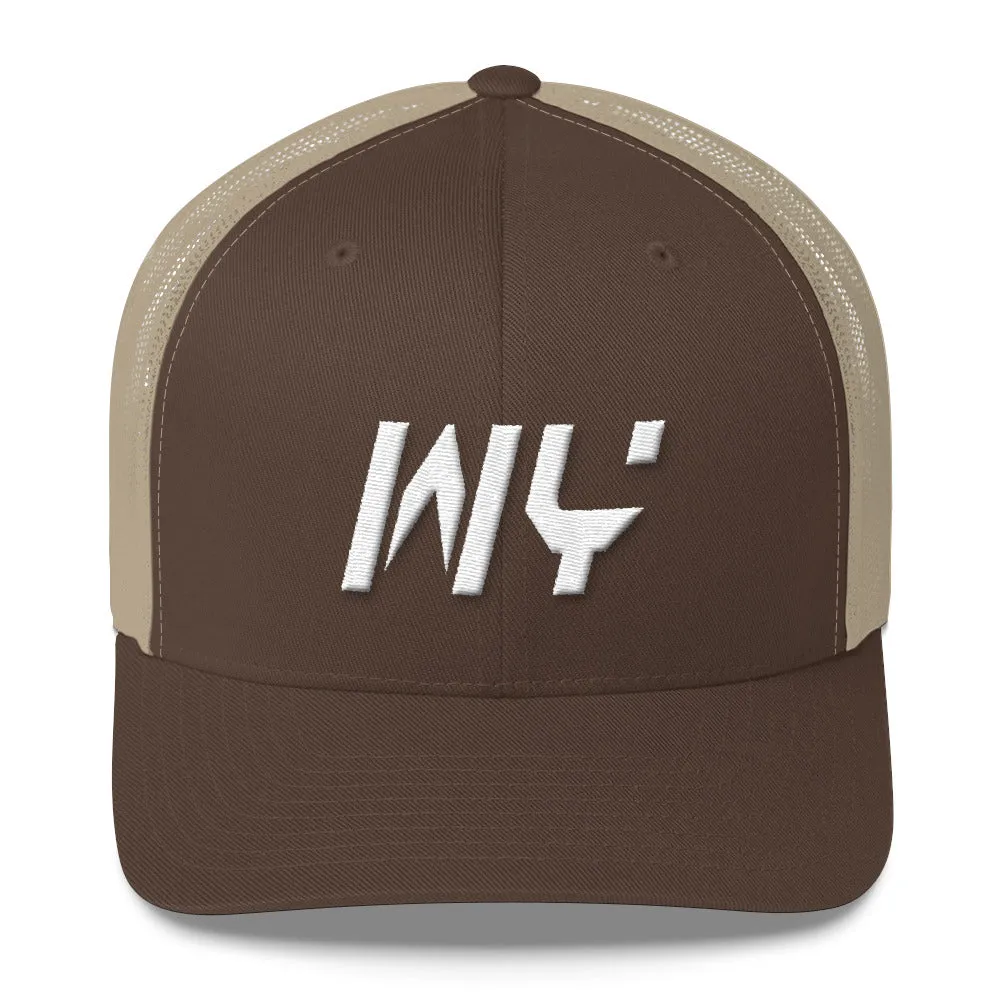 Wyoming - Mesh Back Trucker Cap - White Embroidery - WY - Many Hat Color Options Available