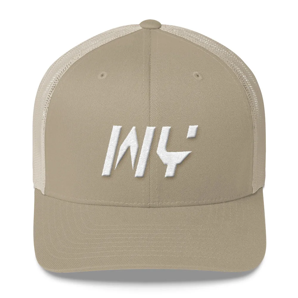 Wyoming - Mesh Back Trucker Cap - White Embroidery - WY - Many Hat Color Options Available