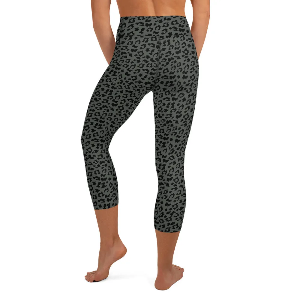 Yoga Capri Leggings in Dark Muted Green Leopard