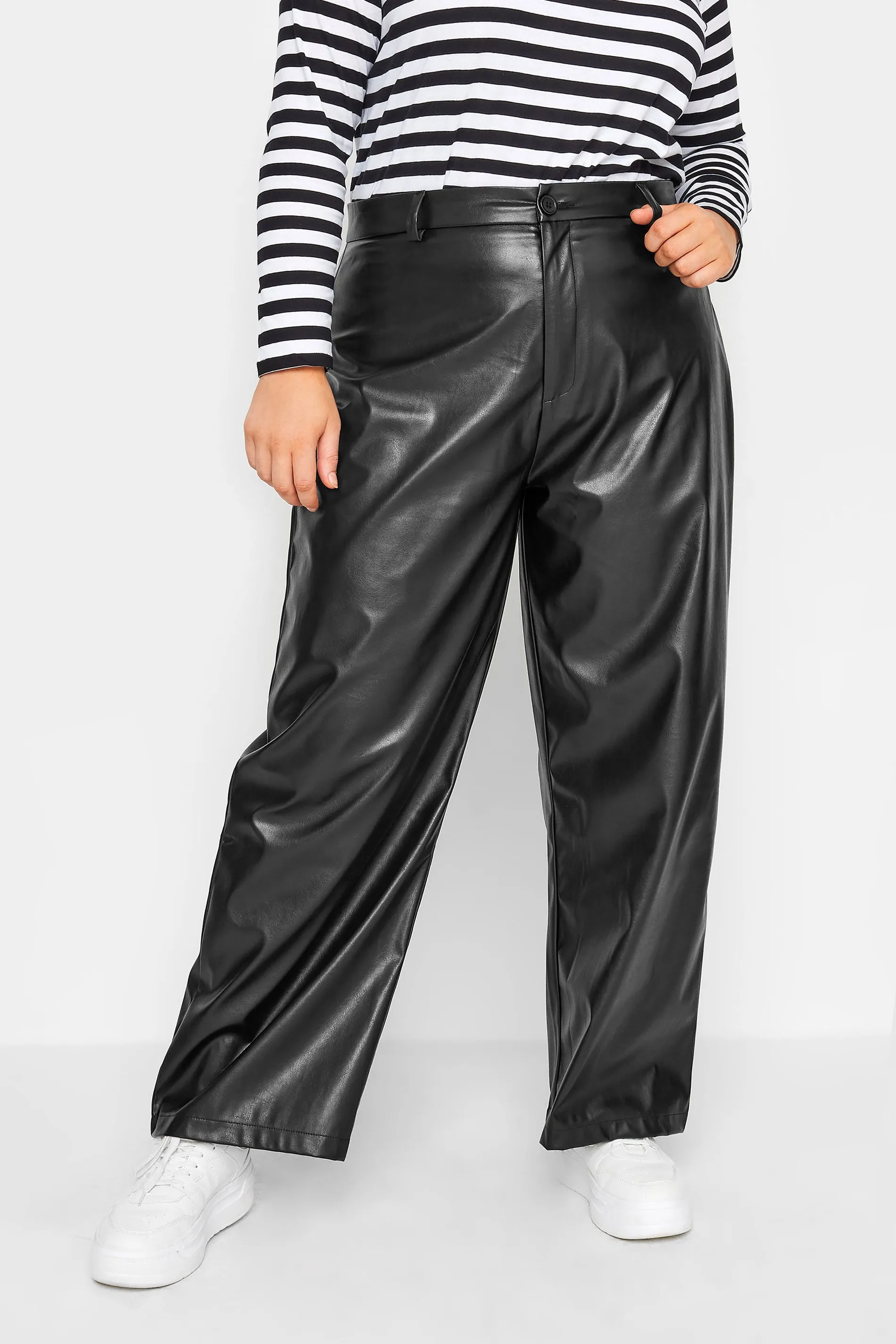 YOURS Curve Black Faux Leather Wide Leg Dad Trousers