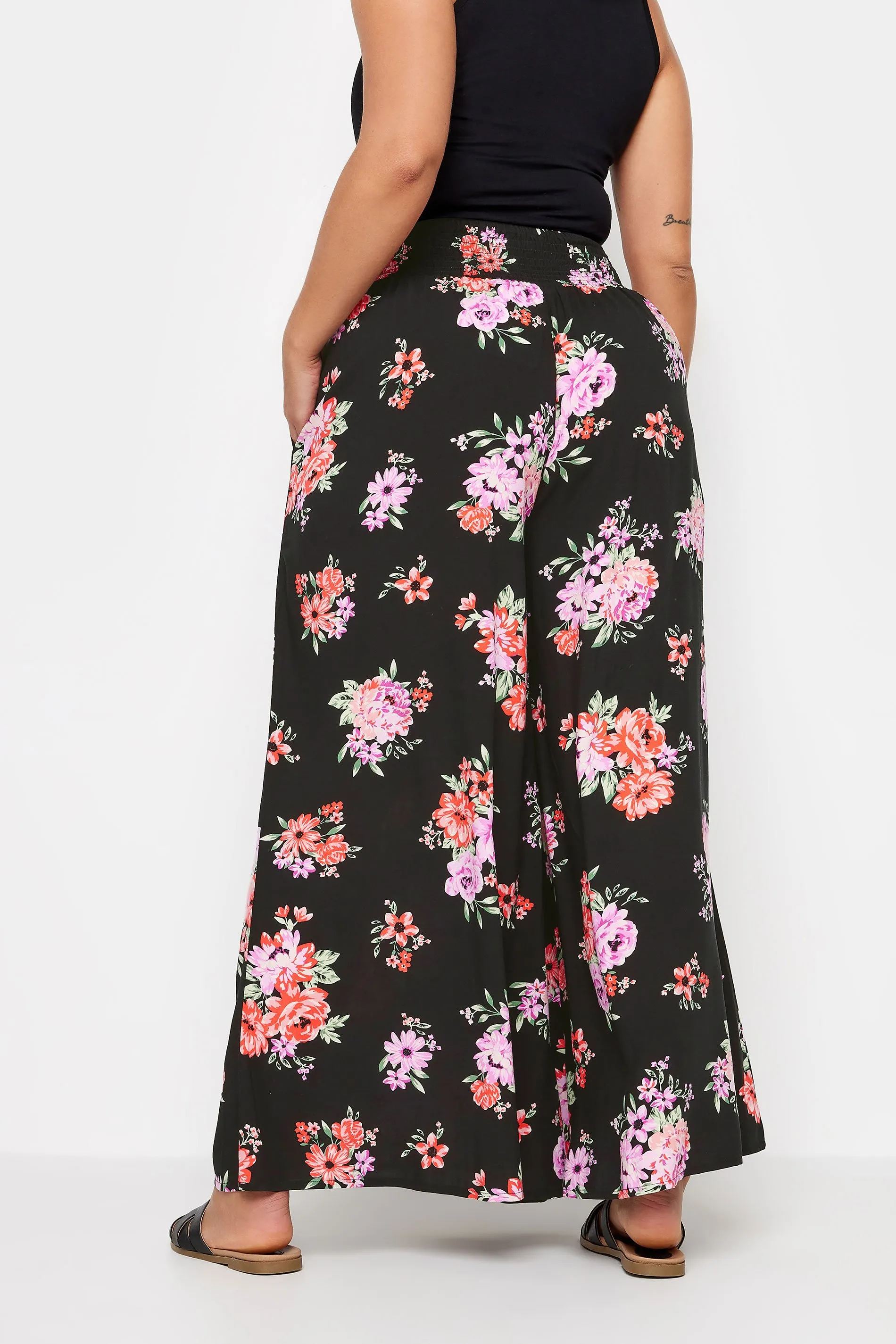 YOURS Curve Black Floral Bloom Print Shirred Wide Leg Trousers