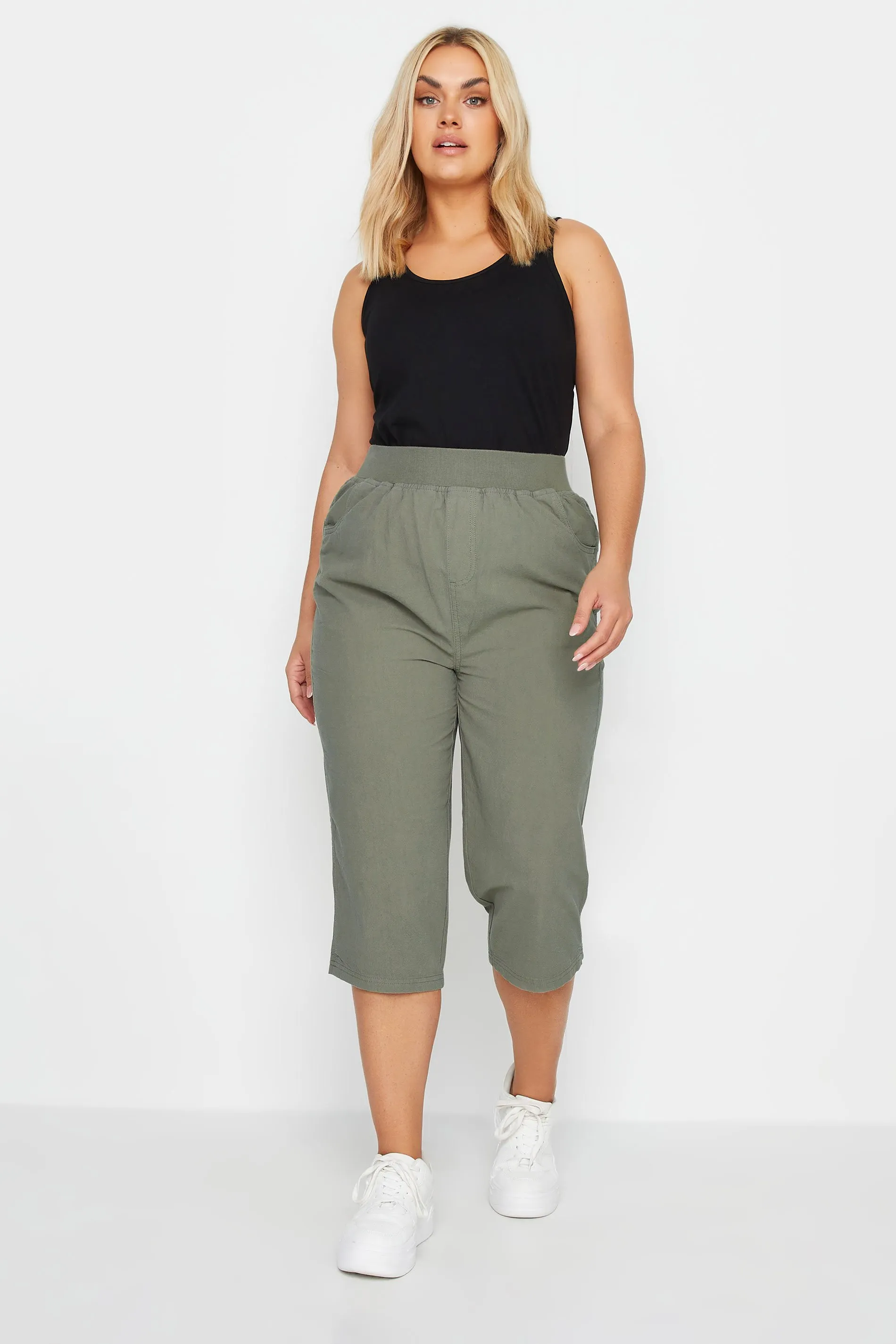 YOURS Curve Khaki Green Elasticated Cool Cotton Cropped Trousers