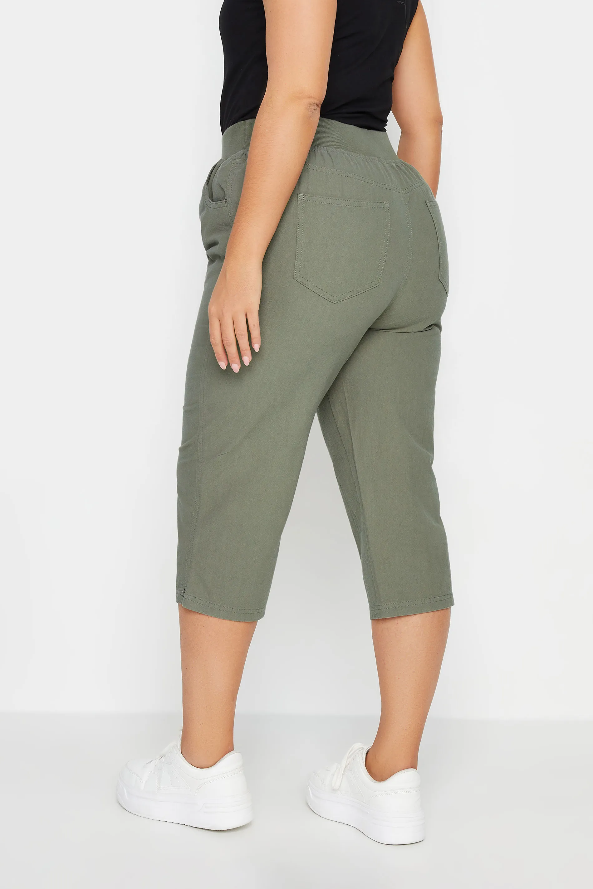 YOURS Curve Khaki Green Elasticated Cool Cotton Cropped Trousers