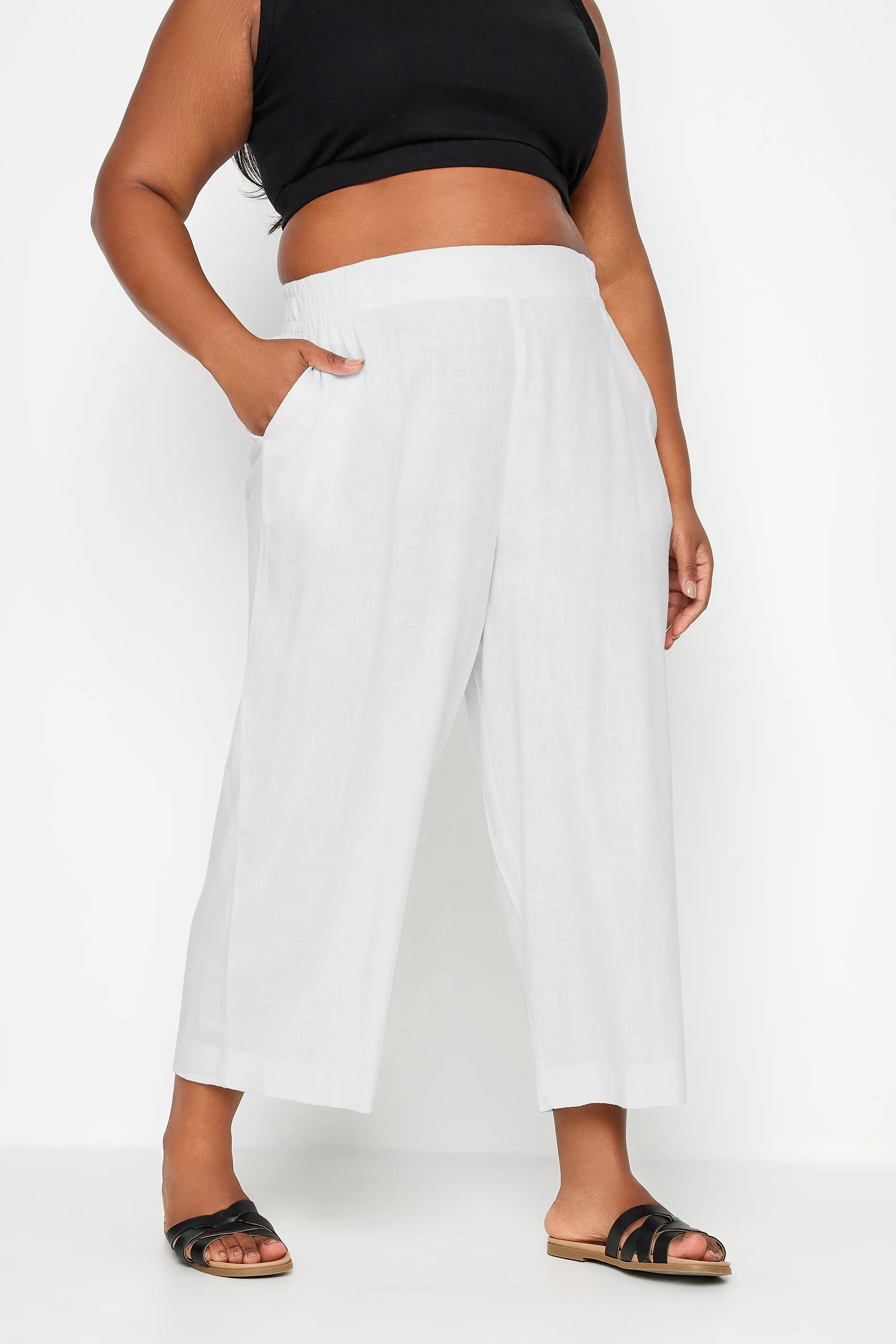 YOURS Curve White Wide Leg Cropped Linen Trousers