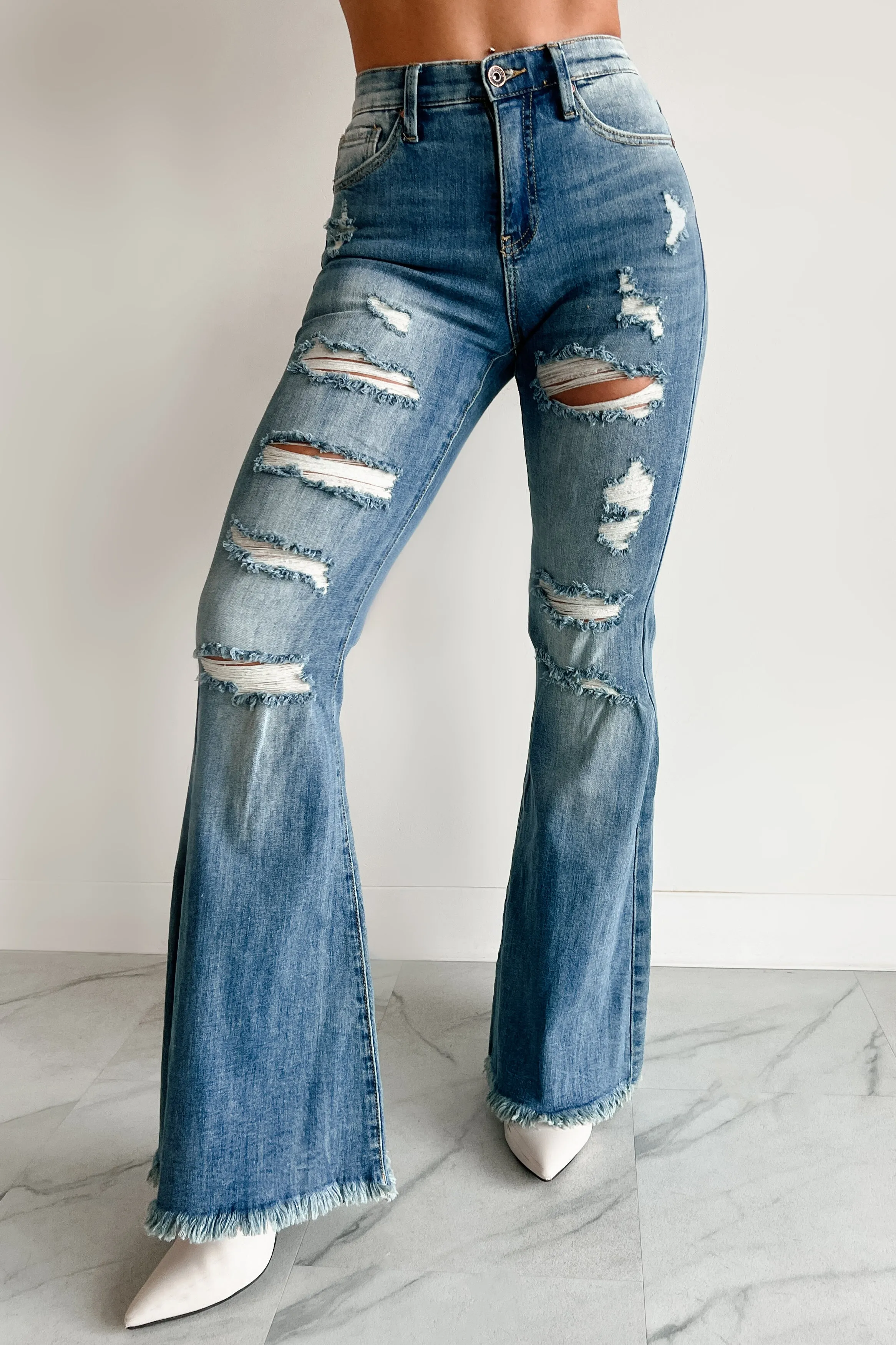 Zora Special A High Rise Distressed Tummy Control Flare Jeans (Medium)